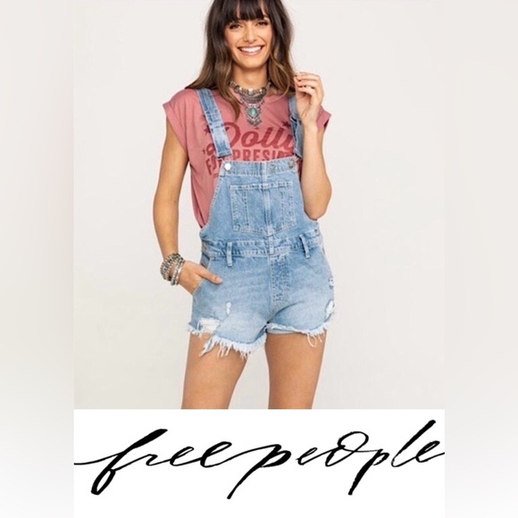 Free People Pants - NWT Free people MoonBeam denim overall shorts Size 26